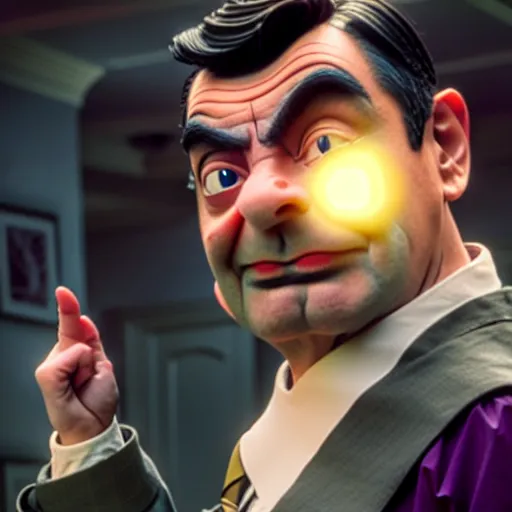 Image similar to mr. bean as thanos from the avengers movie. movie still. cinematic lighting.