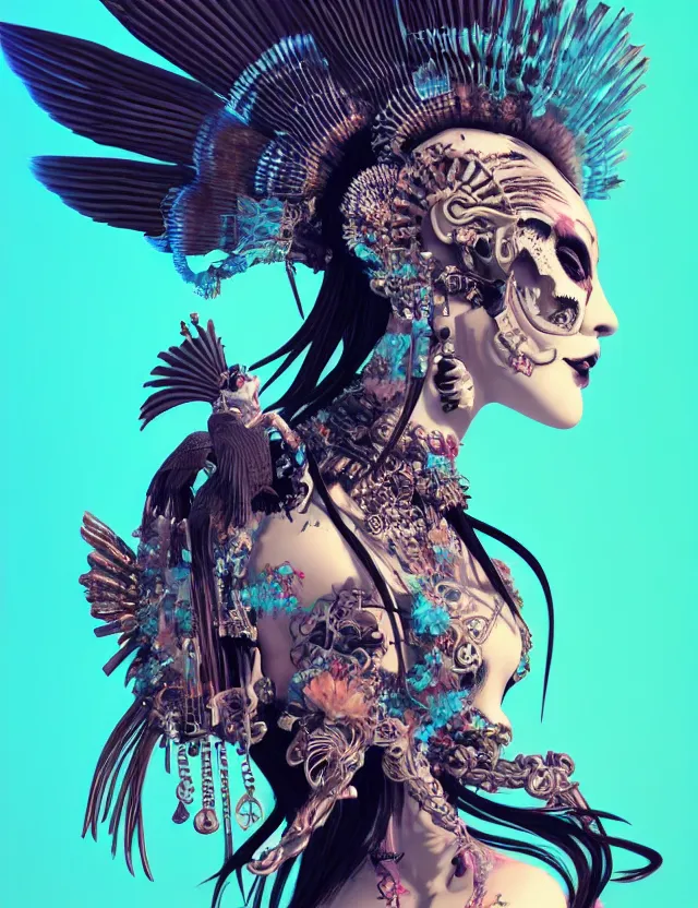 Image similar to 3 d goddess close - up profile simple portrait punk with mohawk with goat skull. beautiful intricately detailed japanese crow kitsune mask and clasical japanese kimono. betta fish, jellyfish phoenix, bio luminescent, plasma, ice, water, wind, creature, artwork by tooth wu and wlop and beeple and greg rutkowski