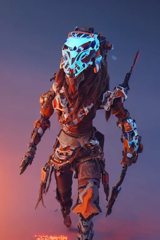 Image similar to combination suit armor aloy horizon forbidden west horizon zero dawn robot ninja mask helmet backpack tribal, aesthetic octane render, 8 k hd resolution, by ilya kuvshinov and cushart krentz and gilleard james radiating a glowing aura cgi rtx 2 0 2 2