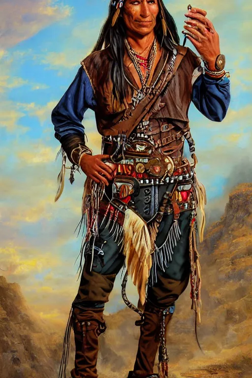 Image similar to character portrait of a thin native american indian man in his early 3 0 s, wearing traditional cargo buckskin jacket buckskin tactical toolbelt pockets bandolier full of trinket and baubles, steampunk arcane shaman, deadlands, weird west, by steve henderson, sandra chevrier, alex horley