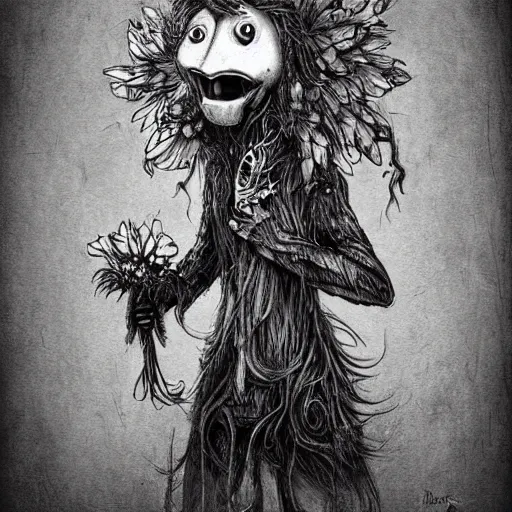 Image similar to surrealism grunge cartoon sketch of a raven monster with a wide smile holding flowers by - michael karcz, loony toons style, horror theme, detailed, elegant, intricate