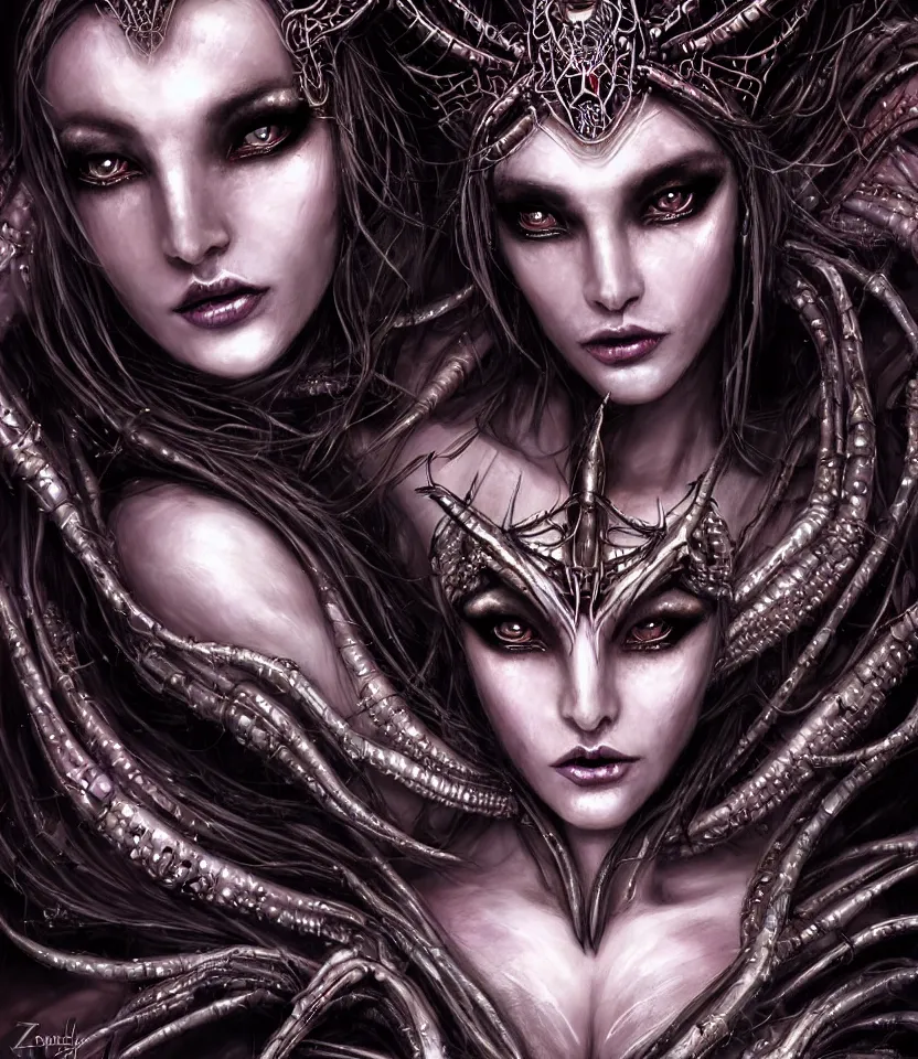 Image similar to close up portrait on the enchanting femenine queen of the zerg, hyper attractive, seductive, very complex, hyper-maximalist, overdetailed, legendary cinematic, darkfantasy, archetype with timeless beauty breathtaking eyes, her spider like legs spread evenly around her framing the image, collossal alien ship in the sky behind her, highly intricate, digital art, very elegant, HDR 8K, biblical art, realism, incomprehensible yet perspicious detail, unbeatable quality, silent hill aesthetic, photorealistic, lifelike, DSLR 8k, unbeatable coherency, Omnious intricate, octane render, created Nixeu & z--ed from deviantart