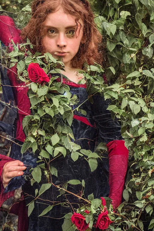 Image similar to pre-raphaelite spider man with roses in the background, blurred detail, phototaken with Nikon D750