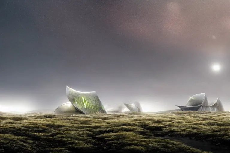 Image similar to several white future cyberpunk egg shaped buildings shine on a barren mossy mountain in iceland, and many wild animals, by hiroshi sugimoto and paul lehr and john schoenherr and john harris