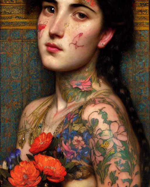 Image similar to a beautiful girl with tattoos surrounded by colourful flowers orientalist intricate portrait by john william waterhouse and edwin longsden long and theodore ralli and nasreddine dinet, oil on canvas. cinematic, hyper realism, dramatic lighting, high detail 8 k