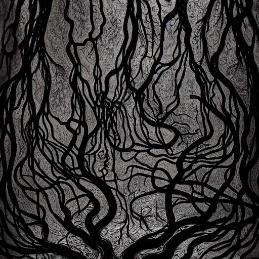 Prompt: award - winning painting of pitch black, tar - like, shadow roots with lots of tendrils spreading everywhere, intricate detail, deep black roots, infestation, shadowy, lovecraftian, beksinksi, black and white, chiaroscuro