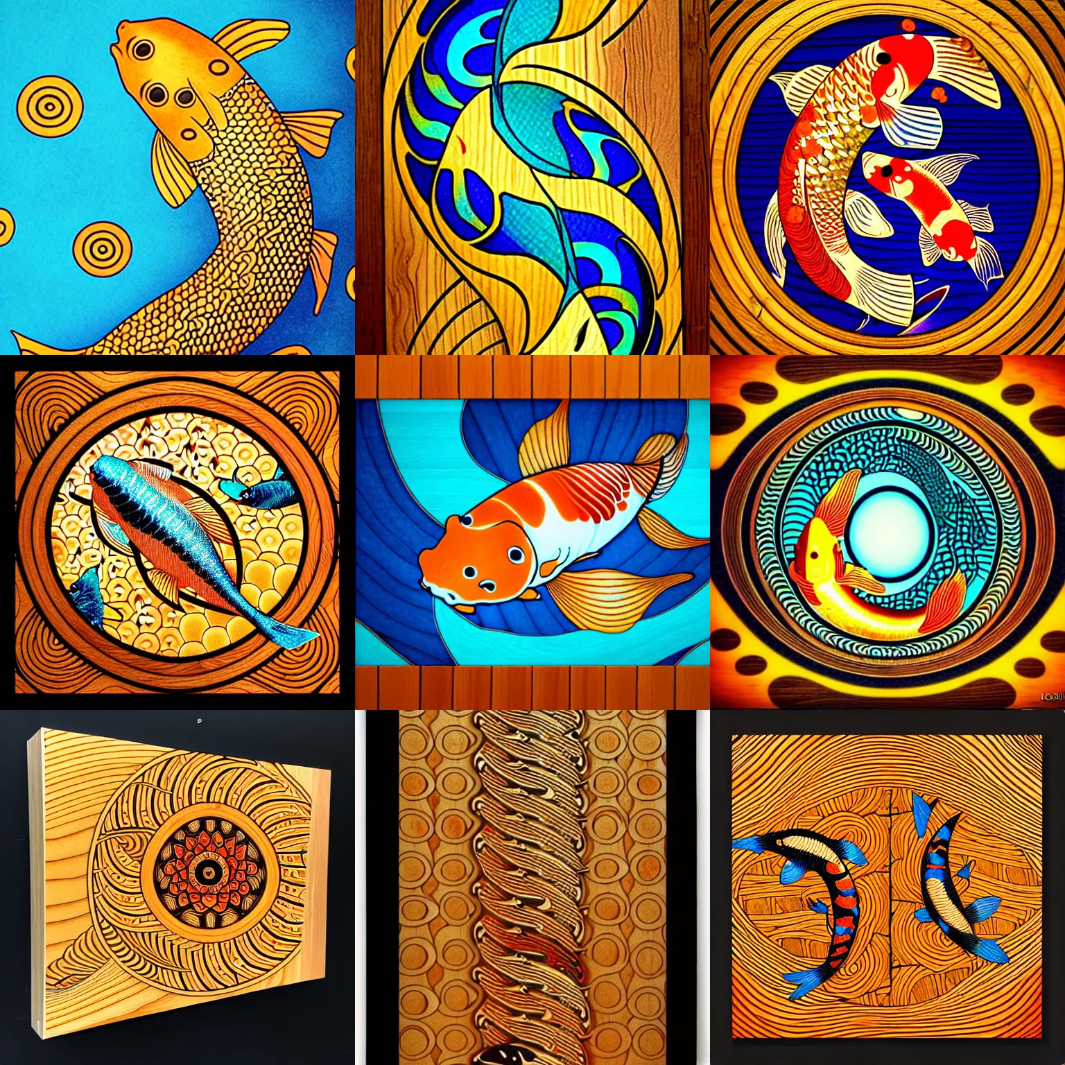 Image similar to koi fishes, fibonacci, golden ratio, sacred numbers, by audrey kawasaki, by loish, barbbara cannepa global illumination, cool colors, wood texture on top