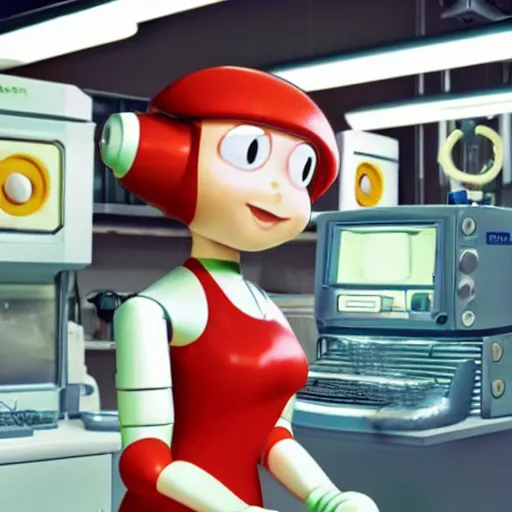 Prompt: pixar - style rendering of : roll is repairing computers in dr. light's laboratory. roll is a cute female ball - jointed robot ( inspired by osamu tezuka ) who has blonde hair with bangs and a ponytail tied with a green ribbon. she is wearing a red one - piece dress with a white collar, and red boots.