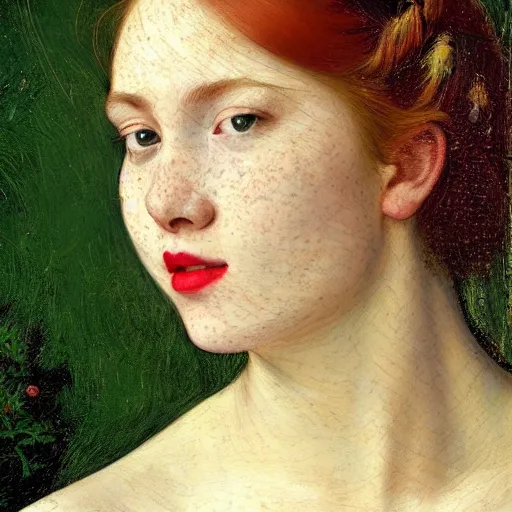 Image similar to portrait of a young woman, among the lights of golden fireflies and nature, long loose red hair, intricate details, green eyes, hint of freckles, round gentle face, happy cheeky smile with red lips, deep focus, smooth, sharp, golden ratio, hyper realistic art by artemisia lomi gentileschi and caravaggio and artgerm