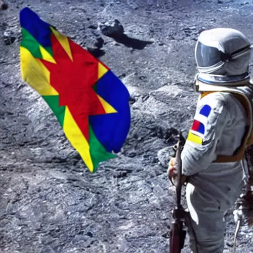 Image similar to kurdish astronaut holding a kurdistan flag in a movie directed by christopher nolan, movie still frame, promotional image, imax 7 0 mm footage