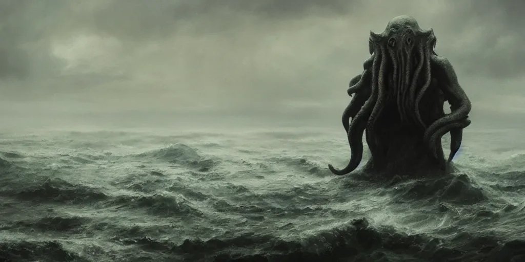 Image similar to cthulhu rising out of the ocean, hyper realistic oil painting, dark, moody cinematic lighting, creepy, fog, storm clouds, by greg rutkowski, trending on artstation