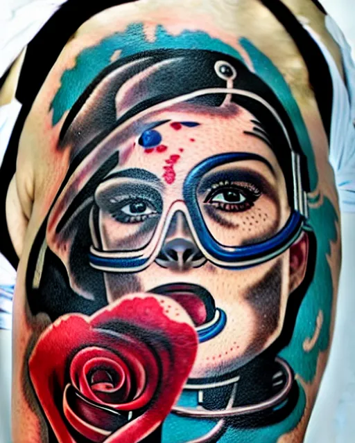 Prompt: diver with oxygen mask wearing blood and having tattoo of rose and a pistol with sea and ocean in the background intricate details with horror side profile by Sandra Chevrier