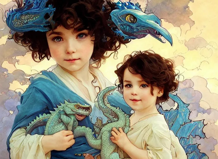 Image similar to a cute little girl with curly brown hair and blue eyes holding a blue baby dragon, beautiful fantasy art by artgerm and greg rutkowski and alphonse mucha.