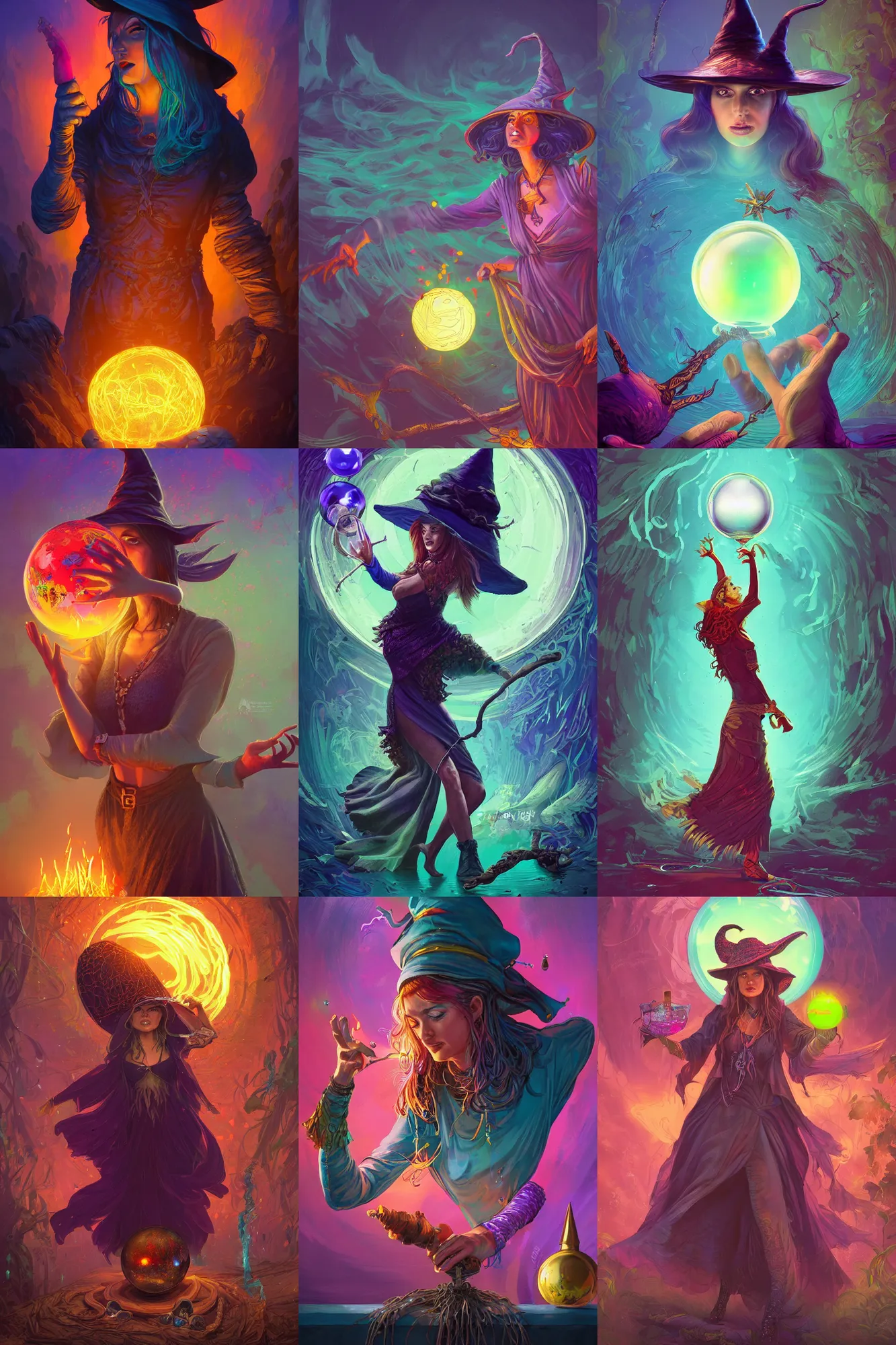 Prompt: A sorceress with a witch hat casting a glass ball, detailed illustration, digital art, overdetailed art, concept art, highly saturated colors, detailed illustration, hd, 4k, digital art, Dan Mumford, Greg, Rutkowski, trending on artstation