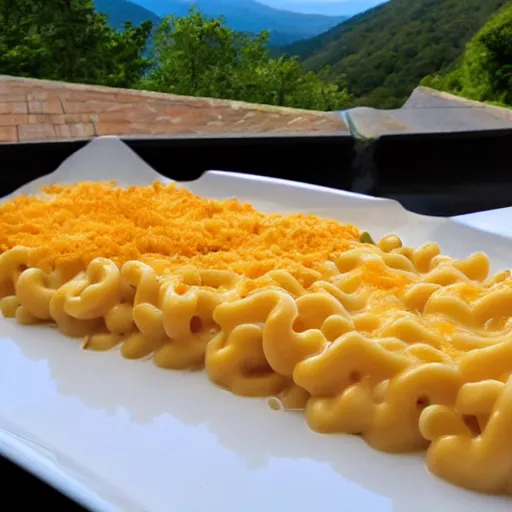 Prompt: a mac n' cheese dream. flowing with cheese. gorgeous vista.