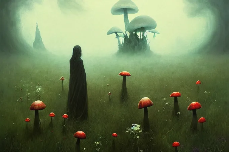 Prompt: surreal painting by greg rutkowski and chesley bonestelll!!, garden wild flowers + poison toxic mushrooms + long grass + garden dwarfs + giant fly! + mystic fog, 5 0's vintage sci - fi style, rule of third!!!!, line art, 8 k, super detailed, high quality, beautiful dynamic dramatic very dark moody contrast