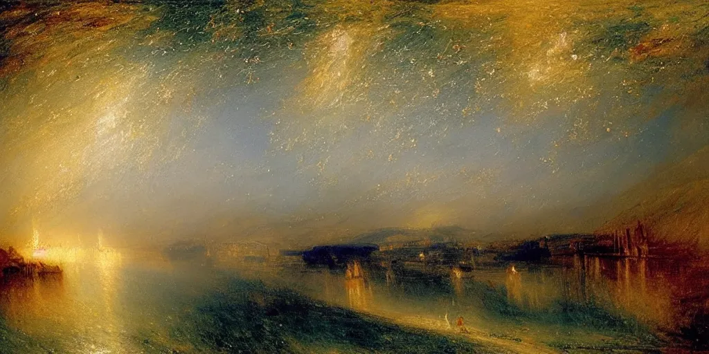 Prompt: stunning river landscape with sky full of falling stars by j. m. w turner