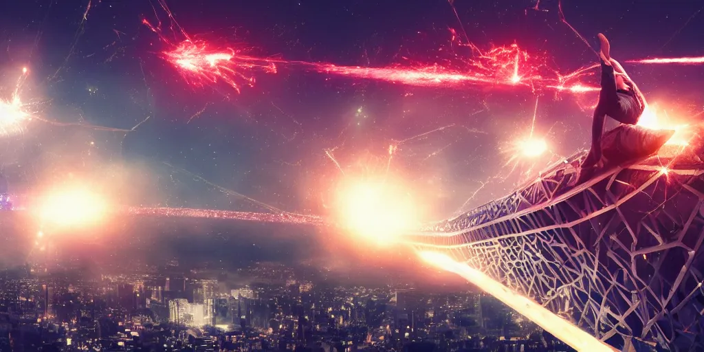 Image similar to gigantic morgan freeman doing a bridge handstand on the ground while destroying a city throwing lasers from his eyes, night, realism, 4 k, octane render, award winning photograph, cinematic shot