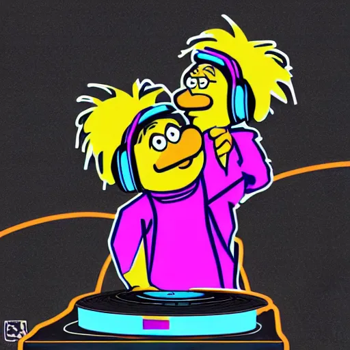 Image similar to svg sticker of a Pop-Wonder Bert&Ernie, Sesame-Street, at a rave, spinning records, giant headphones rocking out, wearing headphones, huge speakers, dancing, rave, DJ, spinning records, digital art, amazing composition, rule-of-thirds, award-winning, trending on artstation, featured on deviantart