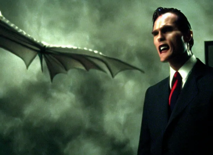 Image similar to Fire breathing dragon wearing a suit, still from the American Psycho (2000), cinematic, 4K Bluray