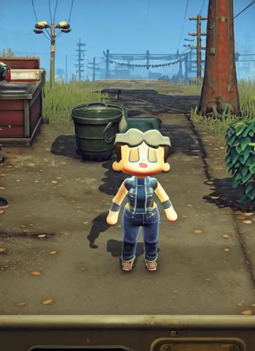 Image similar to screen shot from the fallout 4 crossover with animal crossing, ps 5