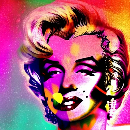 Image similar to surreal Marilyn Monroe covered in chromatic distortions mysterious place, beautiful, pscychodelic, trending on artstation, artwork by midjorney