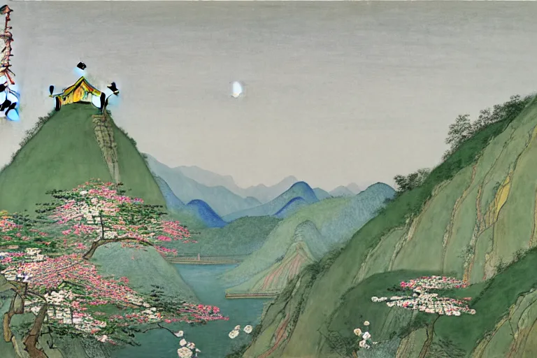 Prompt: an ultradetailed landscape painting of westlake in china hangzhou, pagodas on hills, may flowers blossoms nearby, fine wind, chinese water color, smooth, sharp focus, illustration, by hilma af klint, 8 k