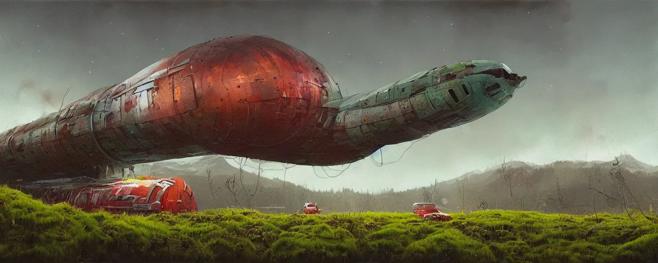 Image similar to hyperealistic painting of scandinavian landscape . giant abandonned spaceship covered with moss. by Simon Stålenhag !