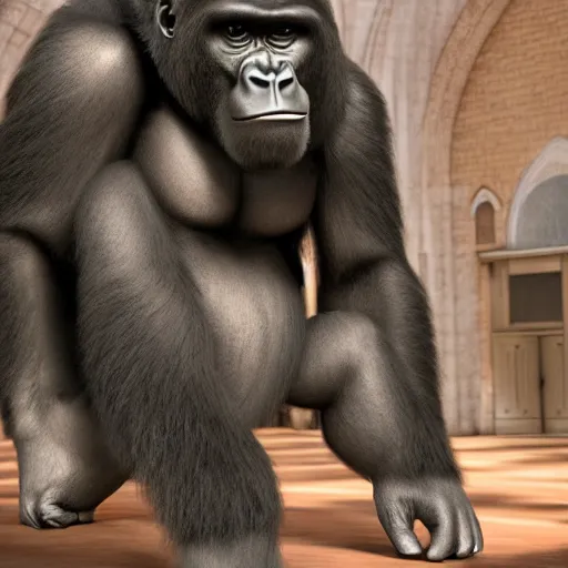 Image similar to big gorilla man terroizing church, 8k cinematic lighting, very sharp detail, anatomically correct