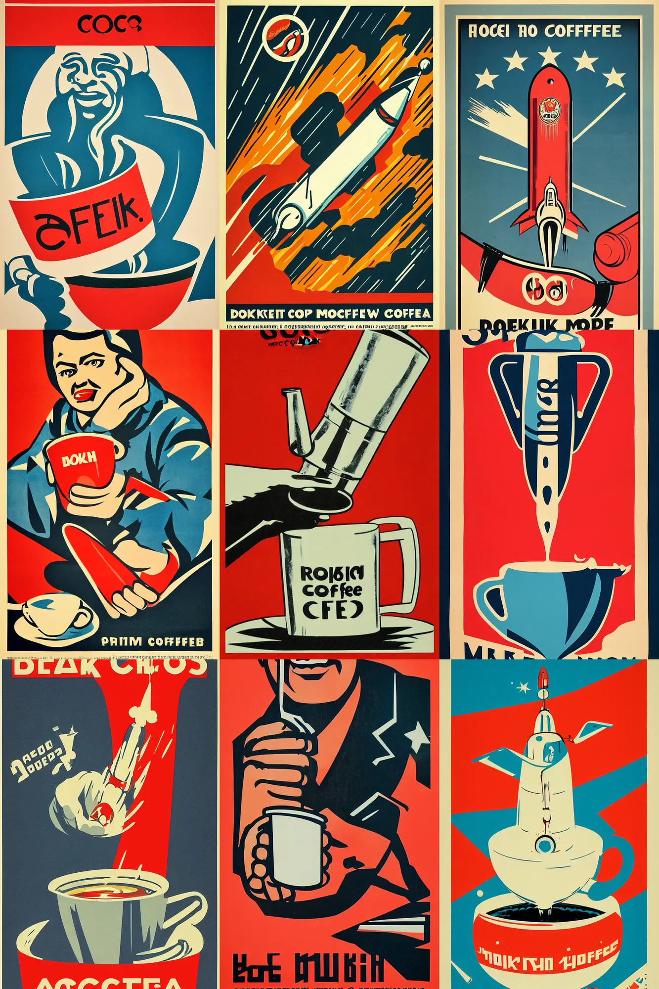 Prompt: soviet propaganda poster, Drink more coffee, featuring a rocket ship coffee cup, by mcbess, full colour print, vintage colours, 1950s