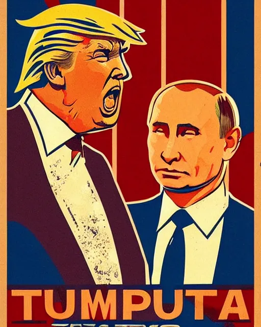 Prompt: vintage illustrated poster of Trump vs Putin wrestling match, hyper realism, high detail, vintage palette, old paper , 8k