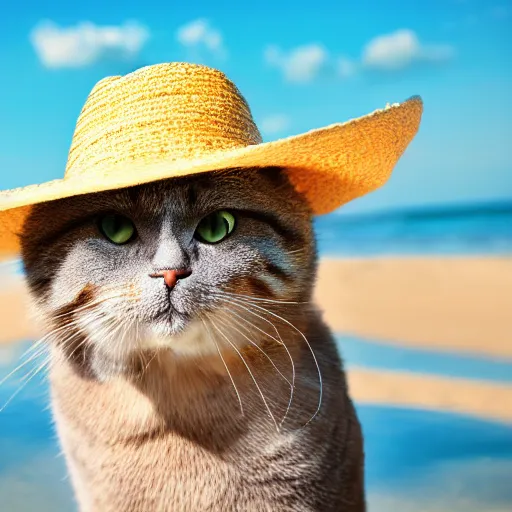 Prompt: beautiful photo portrait cat wearing a beach hat at the beach, professional photo, detailed cat, funny, cute, summer, 4 k
