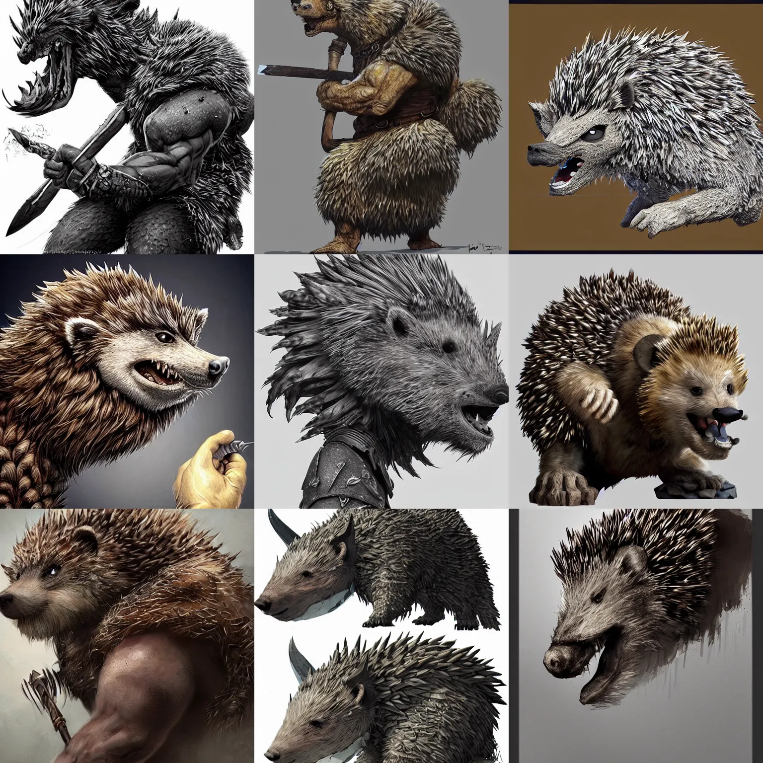 Prompt: sideview!!! anthropomorphic rugged hedgehog!!! with furry!! oversized barbarian muscular armored upper body, long hair, 👅 👅 , D&D, fantasy, intricate, elegant, highly detailed, digital painting, artstation, concept art, smooth, sharp focus, illustration, art by artgerm and beeple and greg rutkowski and alphonse mucha