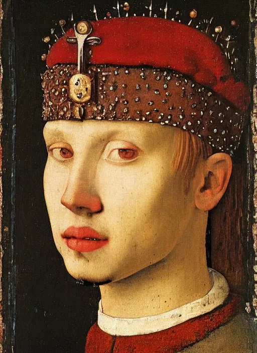 Image similar to portrait of a young man who is a king with a crown, medieval painting by Jan van Eyck, Johannes Vermeer, Florence