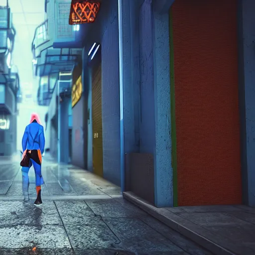 Prompt: woman in blue hoodie walking through a cyberpunk street, digital art, octane, unreal engine