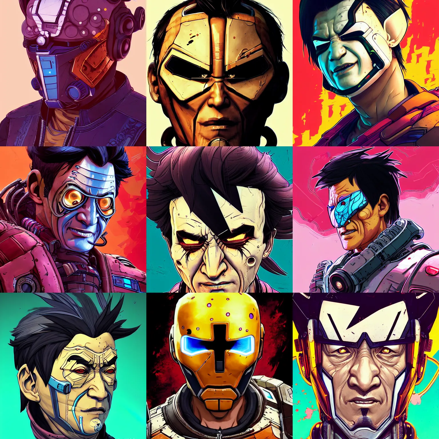 Prompt: cell shaded head portrait of cyber jackie chan as Borderlands 3 concept art, llustration, post grunge, concept art by josan gonzales and wlop, by james jean, Victo ngai, David Rubín, Mike Mignola, Laurie Greasley, highly detailed, sharp focus,alien,Trending on Artstation, HQ, deviantart, art by artgem