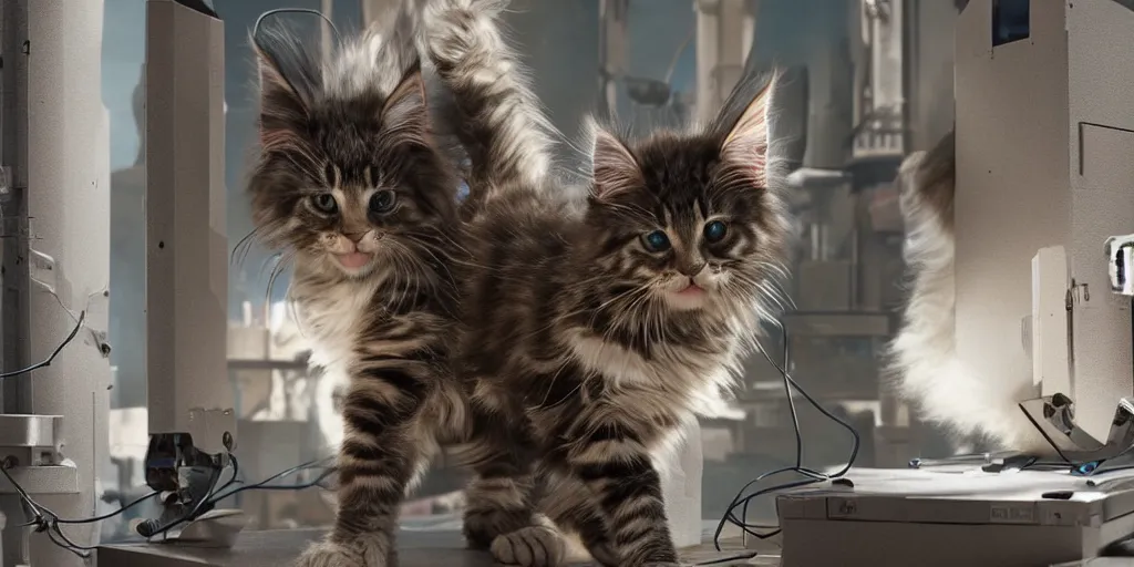 Prompt: a 3 d rendered movie still a of maine coon robotic kitten has become a cat scanner. cyberpunk cat tree. science fiction blockbuster movie from the future, imax 7 0 mm. style of mandalorian ( american space western television series )