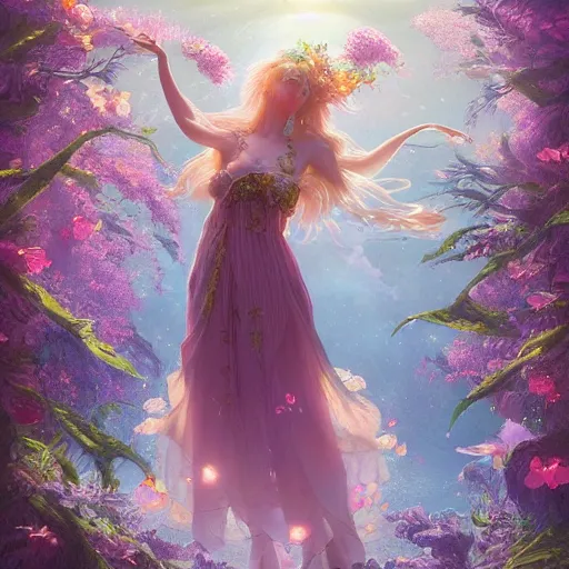 Image similar to Elven druid queen in a swirling sundress of flowers, underwater, floral explosion, radiant light, vortex of plum petals, by WLOP, Hasui Kawase and artgerm, artstation, deviantart