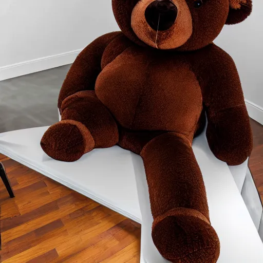 Prompt: a large realistic teddy bear in a room, taking up most of the room, realistic lighting