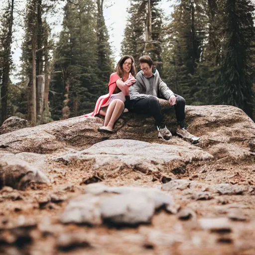 Prompt: boyfriend and girlfriend sitting together on a large square rock in the forest