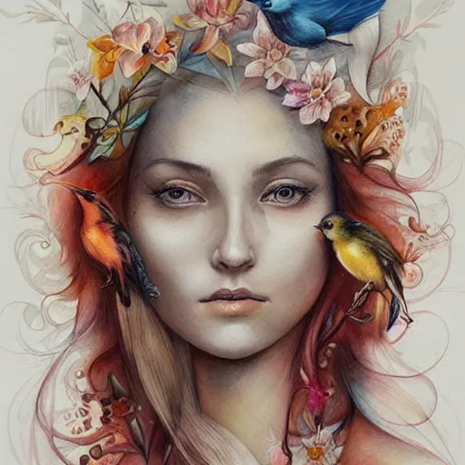 Prompt: watercolor woman with birds by anna dittmann, by marco mazzoni