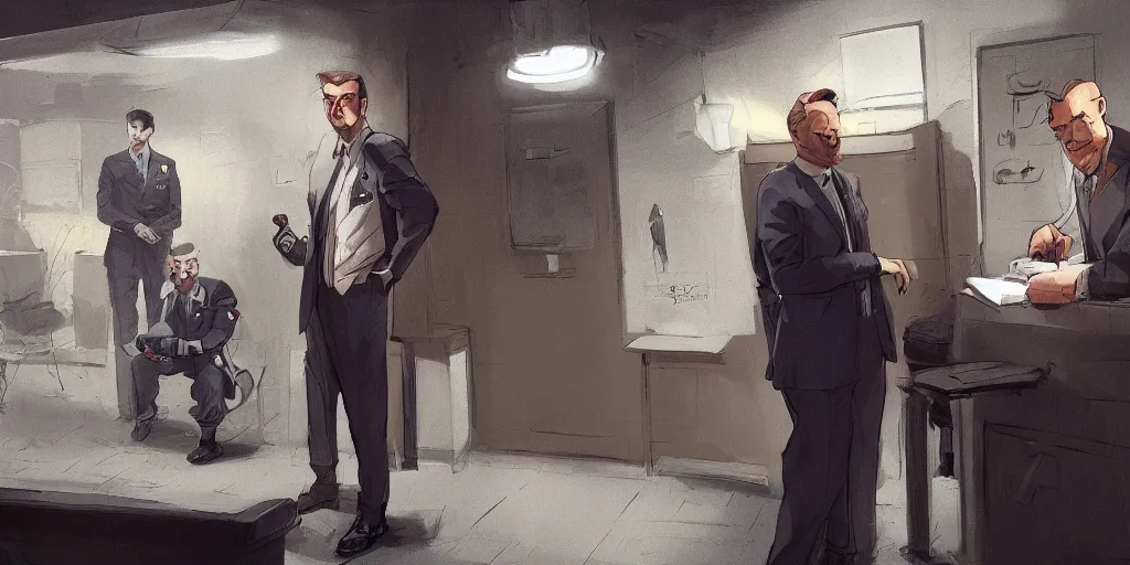 Image similar to tom in a suit is being interrogated by the officer jenkins at the police station, zenith view, warm color palette, night time, dramatic lighting, noir film, fine details, high contrast, blacksad, kim jung gi, greg rutkowski, trending on artstation, 8 k, ultra wide angle