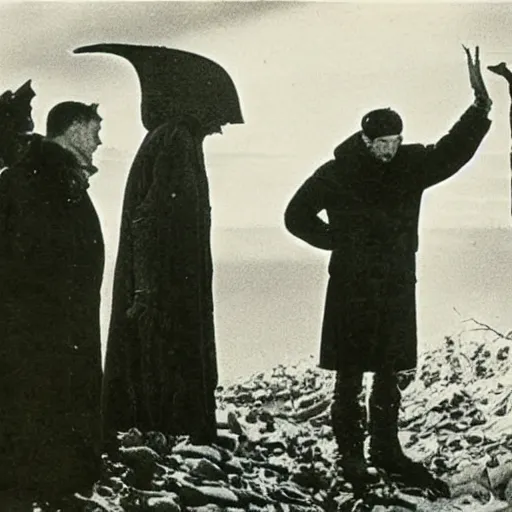 Image similar to vintage photograph of Antartic expedition members looking at several corpses of eldritch elder being servitor ogranic blood and guts shoggoth mutated anatomy bodies, mountains of madness by H.P. Lovecraft, hyper photorealism, cinematic shot, low angle, 35mm 1926. camera lens, retro, movie still footage