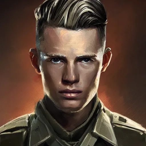 Image similar to Portrait of a man by Greg Rutkowski, he is about 20 years old, norwegian, short blond quiff hair, young, manly, attractive, strong, older brother vibes, he is wearing futuristic military fatigues, highly detailed portrait, scifi, digital painting, artstation, concept art, smooth, sharp foccus ilustration, Artstation HQ