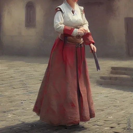 Image similar to Latvian girl in traditional clothes, Riga, matte painting, greg rutkowski