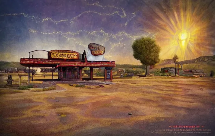 Image similar to A sunset light landscape with historical route66 made by Jheronimus Bosch, jugendstil, gustav klimt, lots of sparkling details and sun ray’s, blinding backlight, smoke, volumetric lighting, colorful, octane, 35 mm, abandoned gas station, old rusty pickup-truck, beautiful epic colored reflections, very colorful heavenly, light colors