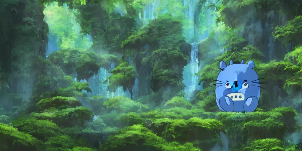 Prompt: blue bear shaped like totoro looking into large cave entrance in a lush forest with waterfalls, beautiful ambiance, studio ghibli style, by hayao miyazaki, sharp focus, highly detailed, 4k