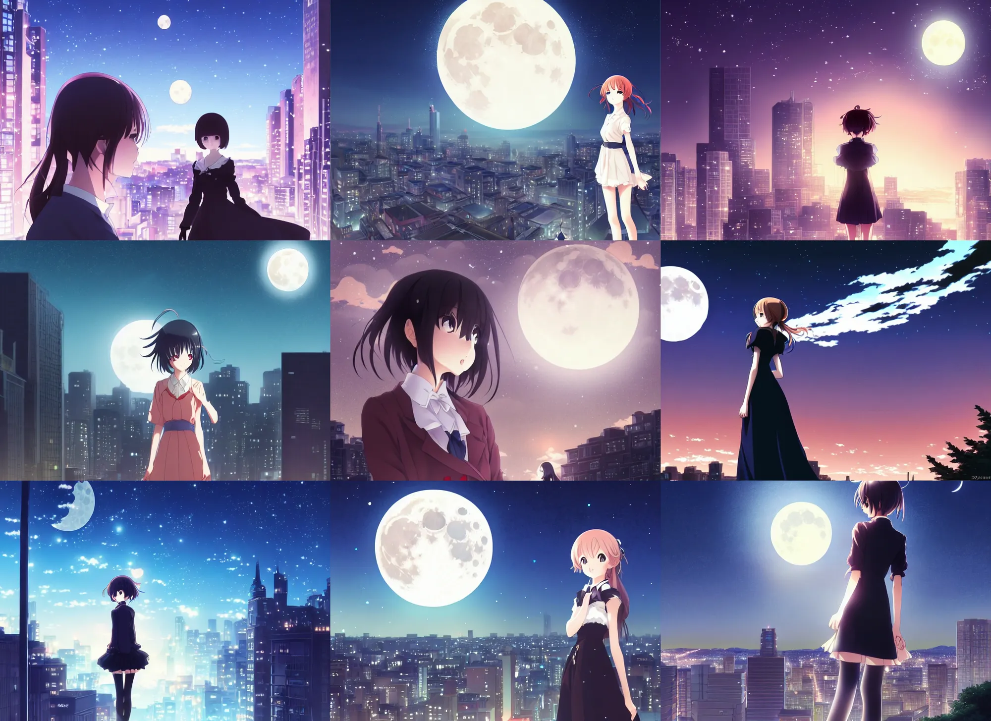 Prompt: anime visual, dark portrait of an elegant girl sightseeing above the city at night in the park, moon, cute face by yoh yoshinari, katsura masakazu, dynamic pose, dynamic perspective, ilya kuvshinov, strong silhouette, anime cels, 1 8 mm, rounded eyes, realistic proportions, dramatic, detailed facial features