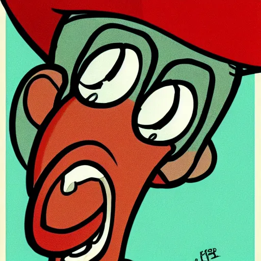 Image similar to handsome squidward, cartoon network style, strong chin, portrait