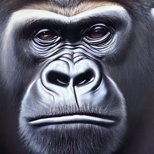 Image similar to a painting of a gorilla, cinematic lighting, hyper realistic painting